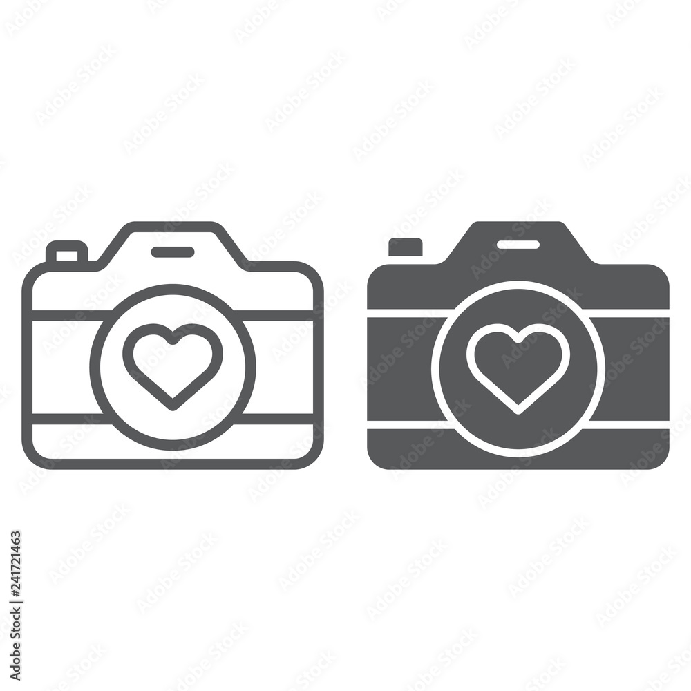 Love camera line and glyph icon, photography and valentine, photo camera with heart sign, vector graphics, a linear pattern on a white background. Love camera line and glyph icon, photography and valentine, photo camera with heart sign, vector graphics, a linear pattern on a white background.