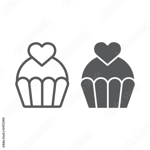 Love cake line and glyph icon, sweet and muffin, cupcake with heart sign, vector graphics, a linear pattern on a white background.