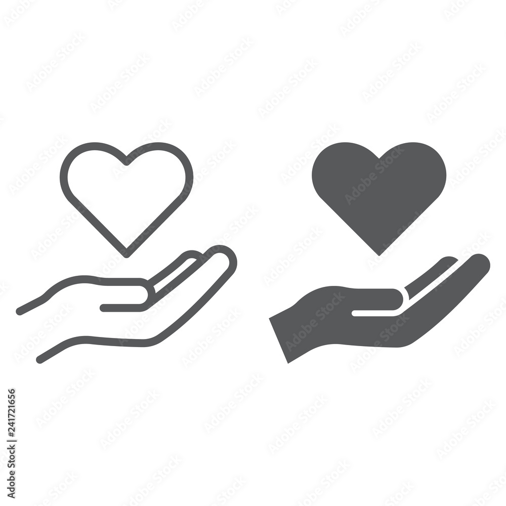 Care line and glyph icon, family and love, hand holding heart sign, vector graphics, a linear pattern on a white background. Care line and glyph icon, family and love, hand holding heart sign, vector graphics, a linear pattern on a white background.