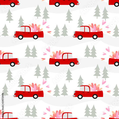 Car is carrying hearts on Valentine's day seamless pattern.