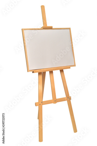 Easel empty for drawing isolated on white background. Horizontal paper sheets. Object, set. Wooden, mock up. Education, school, artist. Creative concept and idea of art