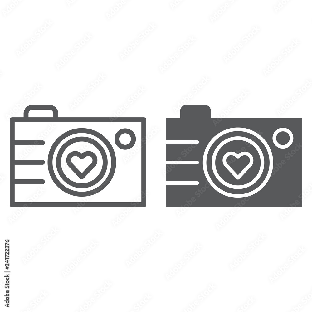 Camera line and glyph icon, photography and love, love photo sign, vector graphics, a linear pattern on a white background. Camera line and glyph icon, photography and love, love photo sign, vector graphics, a linear pattern on a white background.