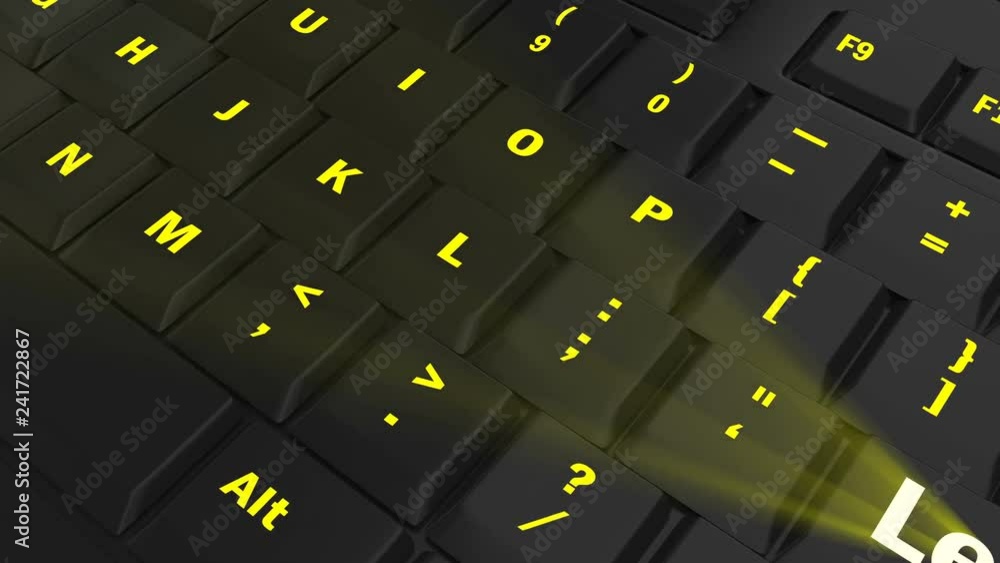 pointing the camera on yellow glowing Learn key on black computer keyboard pointing the camera on yellow glowing Learn key on black computer keyboard
