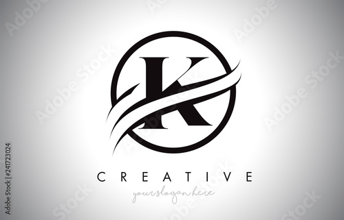K Letter Logo Design with Circle Swoosh Border and Creative Icon Design.