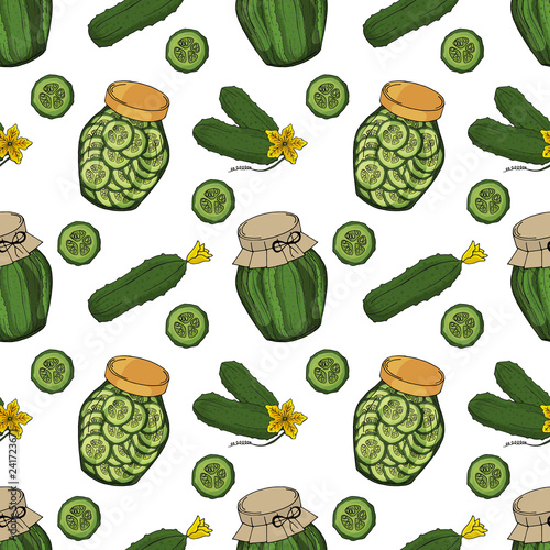 Seamless pattern made from different objects. glass jars with home made cucumbers. Hand drawn endless picture. Vector illustration.