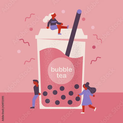 Flat vector bubble tea concept with cute people characters.