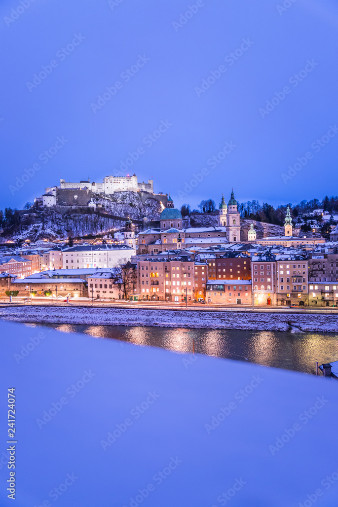 Salzburg old city at christmas time, snowy in the evening, Austria