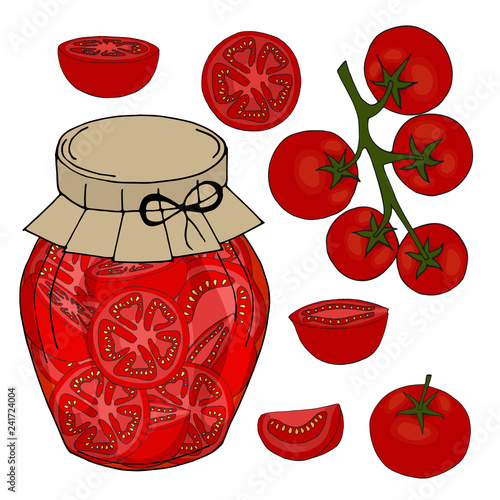 Collection of different objects. glass jar with home made tomatoes. Hand drawn objects isolated. Vector illustration.