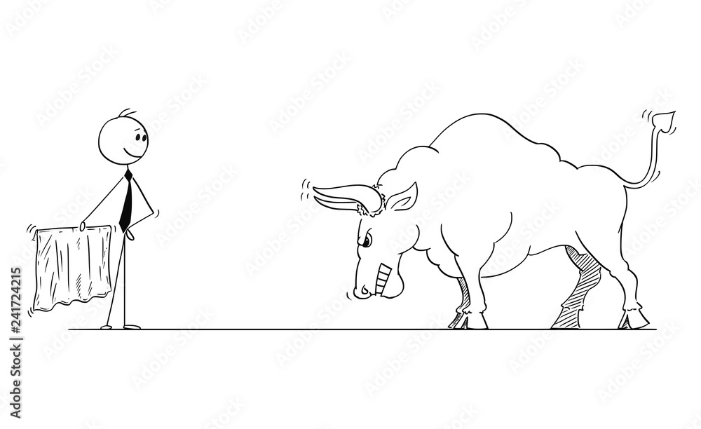 Fototapeta Kreskówka kij człowiek rysunek koncepcyjna ilustracja biznesmen torreador lub matador, prowokując wielkiego byka jako symbol rosnących cen rynkowych z czerwonym suknem lub muletą.