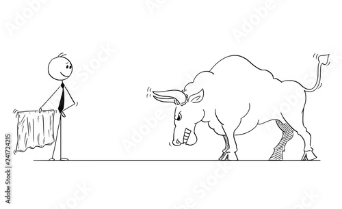 Cartoon stick man drawing conceptual illustration of businessman bullfighter or matador provoking big bull as rising market prices symbol with red cloth or muleta.