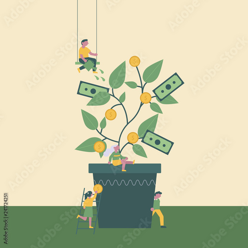 Flat vector money tree concept with cute people characters.
