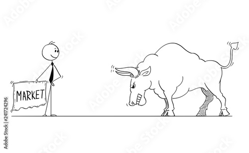 Cartoon stick man drawing conceptual illustration of businessman bullfighter or matador provoking big bull as rising market prices symbol with red cloth or muleta.