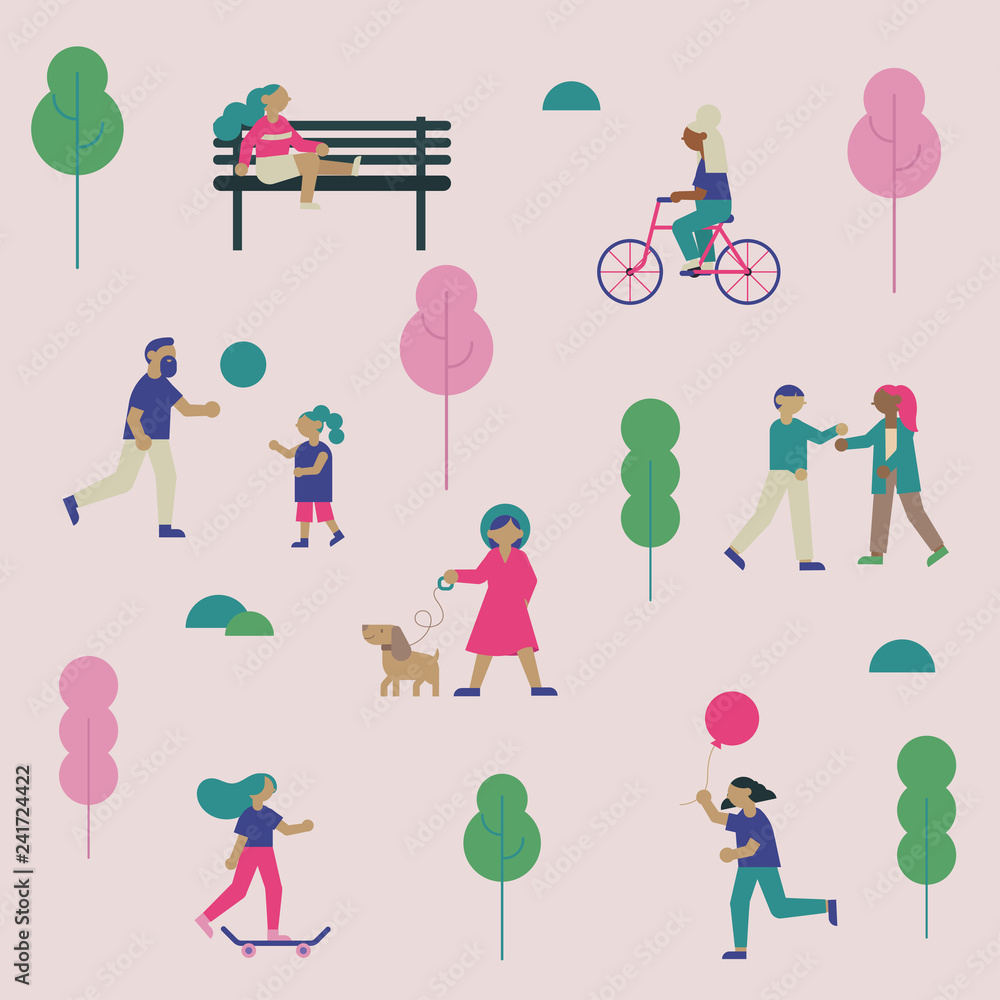 Fototapeta premium Spring or summer outdoor concept with flat vector people walking and relaxing on nature.