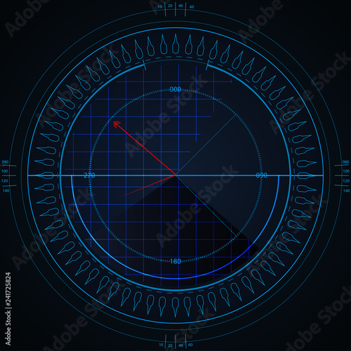 Digital blue vector radar with targets on monitor in searching. Futuristic interface hud design. Military search system. Vector illustration.