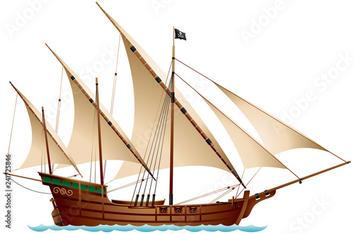 Caravel Pirate Ship, Age of Discovery sailing Ship under the Jolly Roger black flag vector illustration