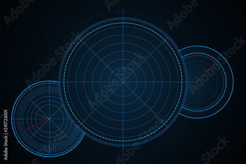 Digital blue vector radar with targets on monitor in searching. Futuristic interface hud design. Military search system. Vector illustration.
