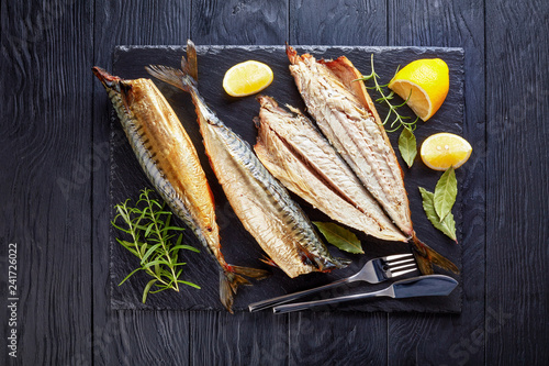 close-up of smoked mackerel, top view