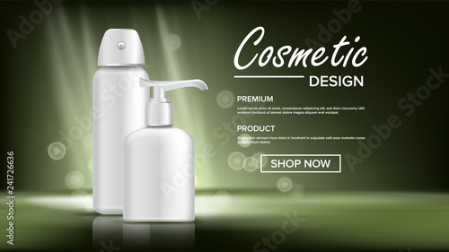 Cosmetic Bottle Banner Vector. Luxury Light. Abstract Label. Lotion, Gel. Premium Product. 3D Mockup Realistic Illustration