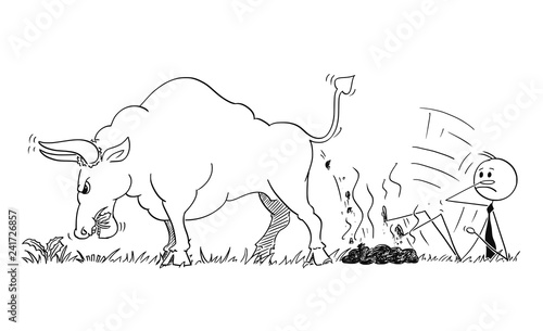 Cartoon stick man drawing conceptual illustration of businessman slipped on dung or excrement of bull as rising market prices symbol.