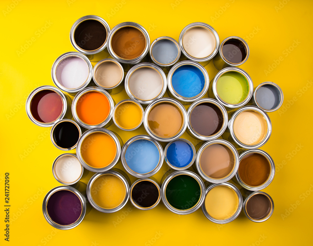 Paint cans color palette, yellow background Paint cans color palette, yellow background