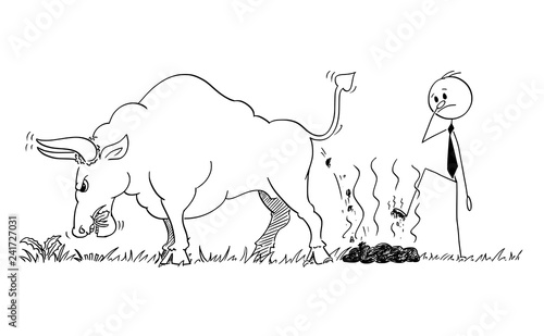Cartoon stick man drawing conceptual illustration of businessman step on dung or excrement of bull as rising market prices symbol. He has now shit on the shoe.