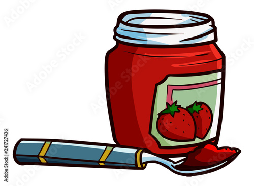 Funny and cute strawberry jam with spoon - vector