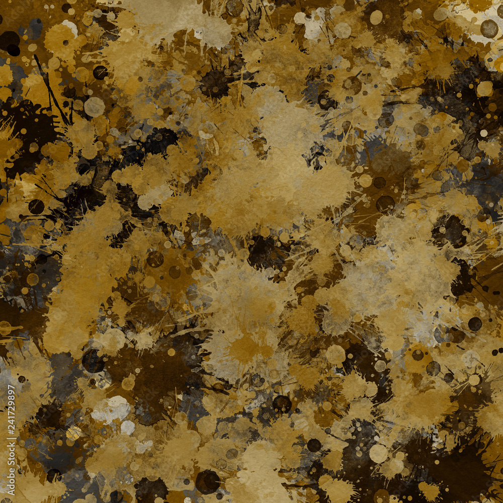 Isolated artistic gold watercolor and ink paint splatter textures and decorative elements on white paper background. Isolated artistic gold watercolor and ink paint splatter textures and decorative elements on white paper background.