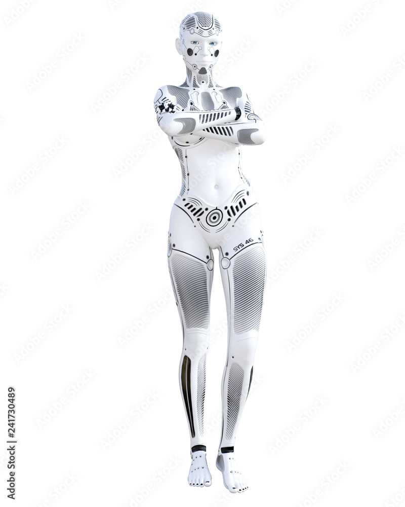 Robot woman. White metal droid. Android girl. Artificial Intelligence. Conceptual fashion art. Realistic 3D render illustration. Studio, isolate, high key. Robot woman. White metal droid. Android girl. Artificial Intelligence. Conceptual fashion art. Realistic 3D render illustration. Studio, isolate, high key.