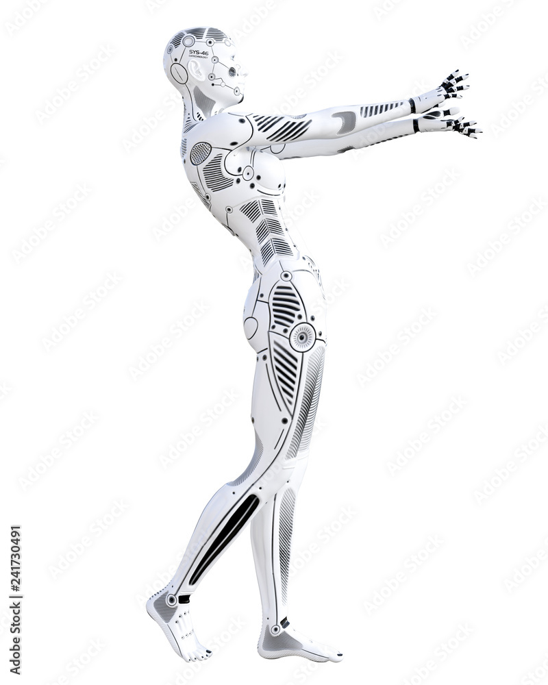 Robot woman. White metal droid. Android girl. Artificial Intelligence. Conceptual fashion art. Realistic 3D render illustration. Studio, isolate, high key. Robot woman. White metal droid. Android girl. Artificial Intelligence. Conceptual fashion art. Realistic 3D render illustration. Studio, isolate, high key.