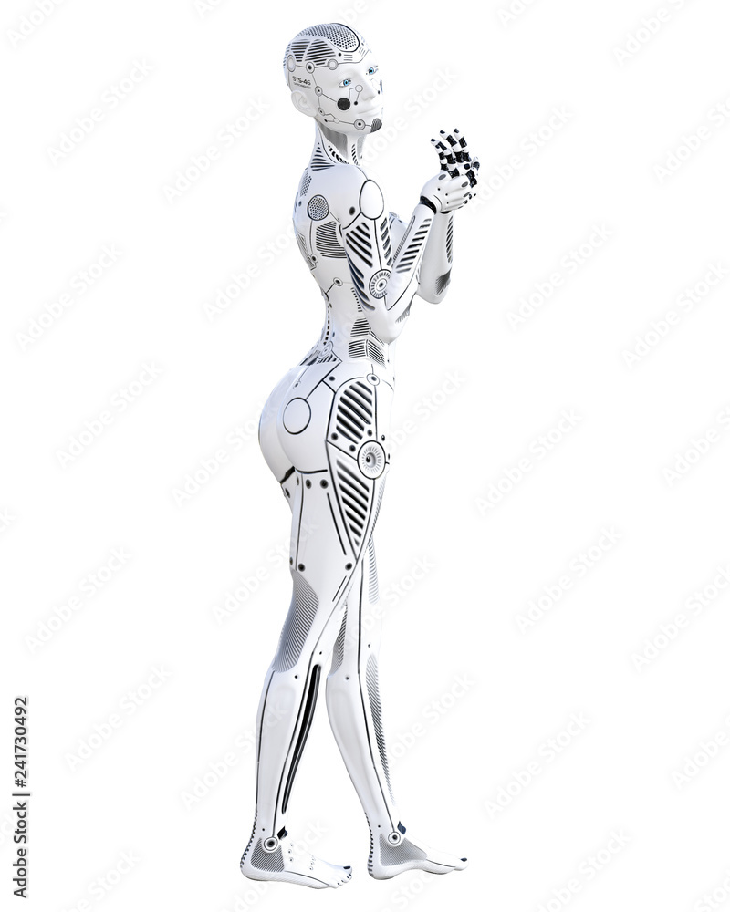 Robot woman. White metal droid. Android girl. Artificial Intelligence. Conceptual fashion art. Realistic 3D render illustration. Studio, isolate, high key. Robot woman. White metal droid. Android girl. Artificial Intelligence. Conceptual fashion art. Realistic 3D render illustration. Studio, isolate, high key.