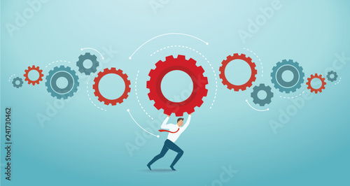 businessman holding gears and space for write. concept of innovation vector illustration eps10