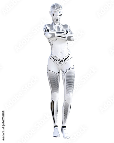 Robot woman. White metal droid. Android girl. Artificial Intelligence. Conceptual fashion art. Realistic 3D render illustration. Studio, isolate, high key.