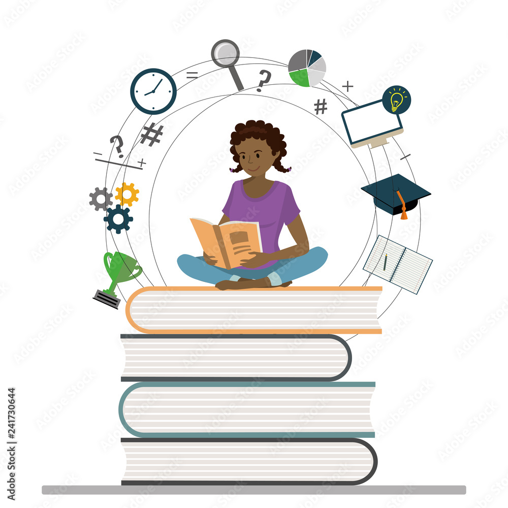 Cartoon girl teen sitting on books and read book Cartoon girl teen sitting on books and read book
