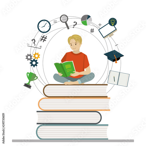 Cartoon boy teen sitting on books and read book