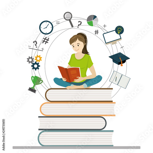 Cartoon girl teen sitting on books and read book,