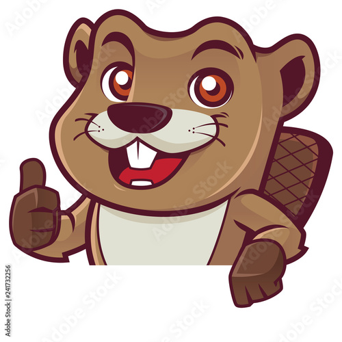 Cartoon mascot of beaver giving you thumb up while standing behind white sign or sheet of paper.