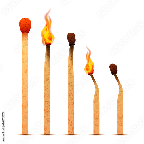 Realistic matches with fire flames on different burning stages