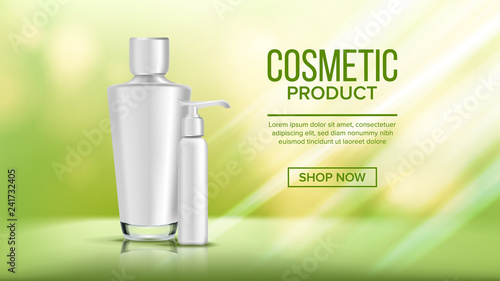 Cosmetic Bottle Poster Vector. Sale Flyer. Empty Plastic. White Package. 3D Mockup Realistic Illustration
