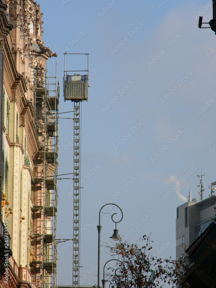 Facade access equipment attached to a historic building in Budapest, Hungary Facade access equipment attached to a historic building in Budapest, Hungary