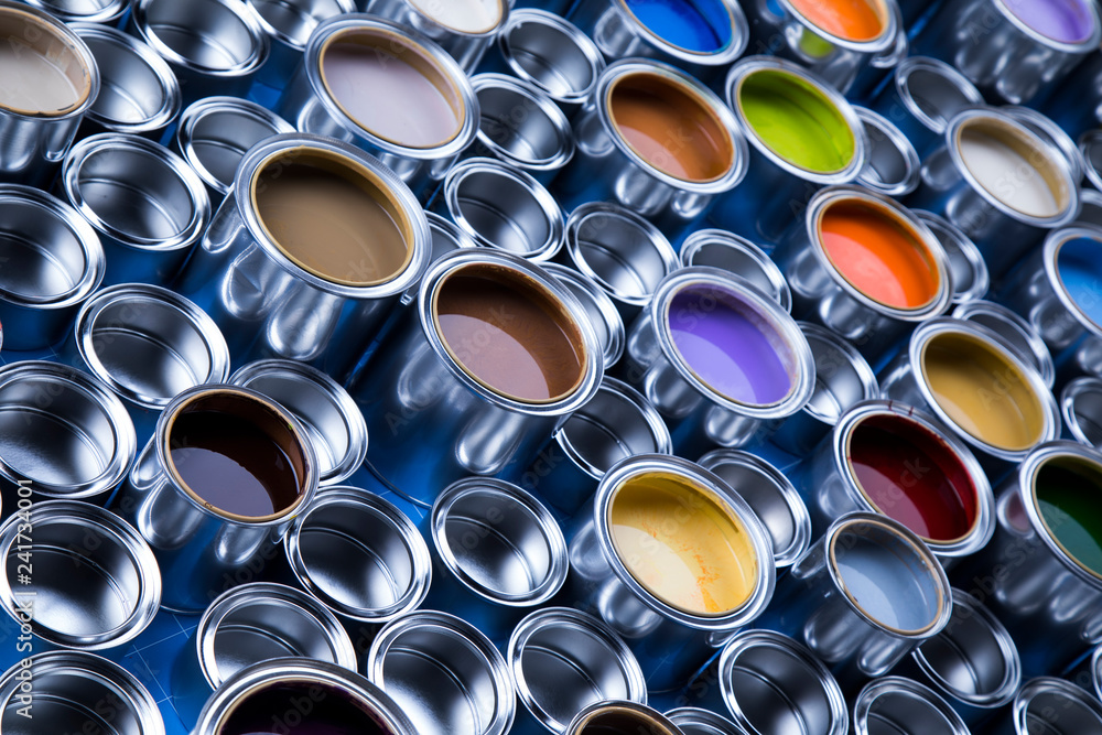 Collection of colored paints cans