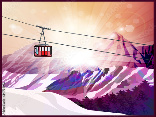 Ski lift, mountains and forest