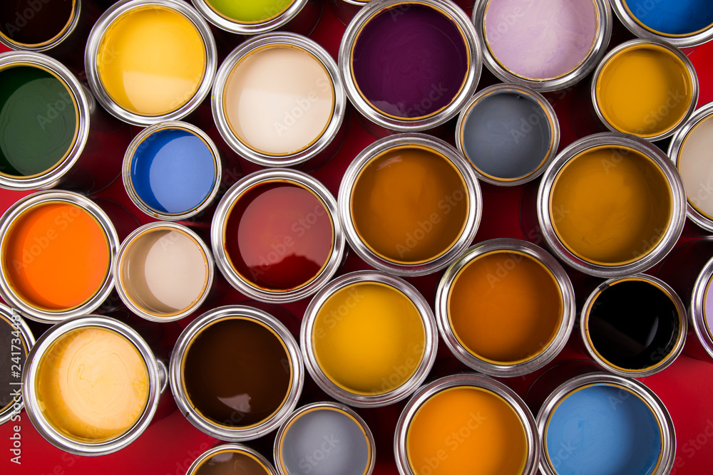 Collection of colored paints cans Collection of colored paints cans