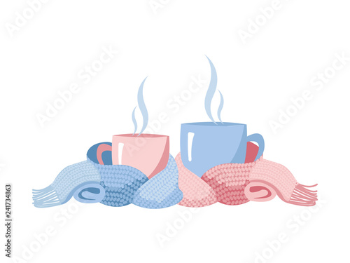 Two mugs in scarf. Cozy composition of 2 cups in blue nad pink color. Mugs, wrapped in a knitted warm scarf. warming atmosphere for coffe and tea party. Flat cartoon illustration on white background