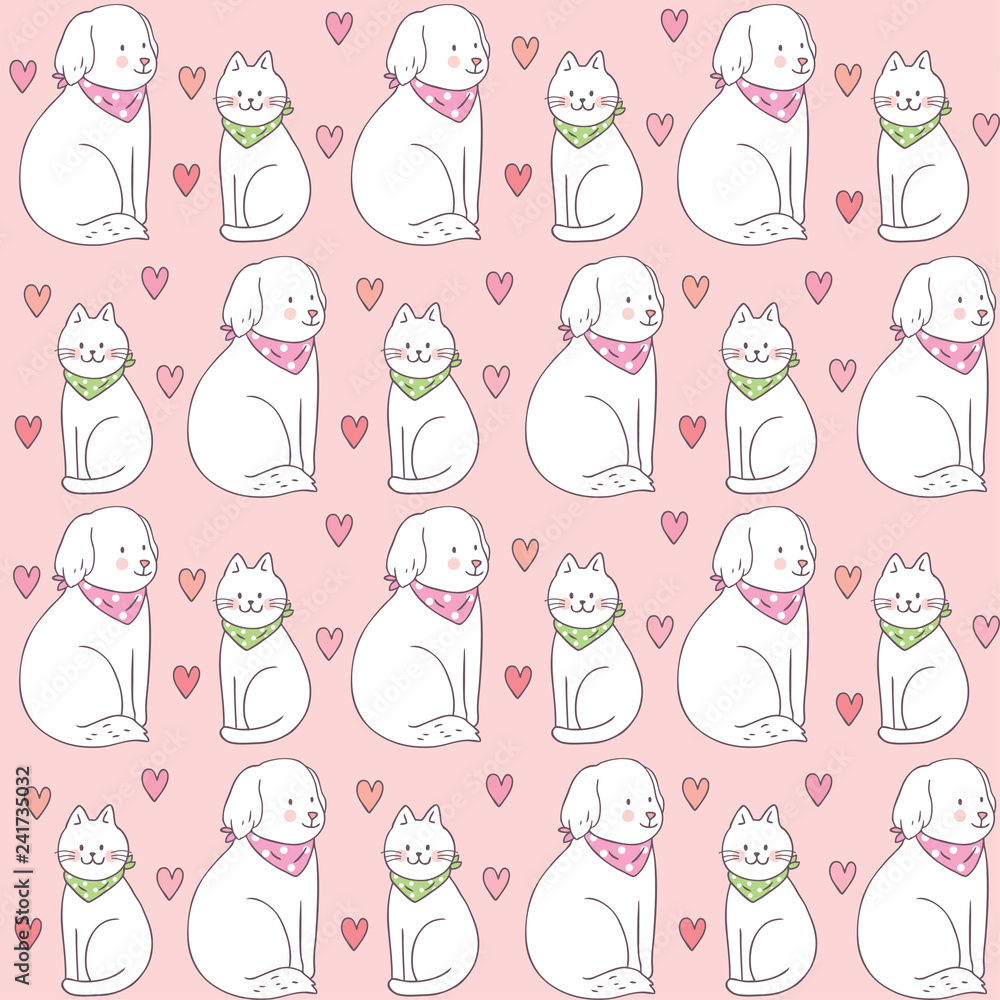 Cartoon cute Valentines day cat and dog seamless pattern vector. Cartoon cute Valentines day cat and dog seamless pattern vector.
