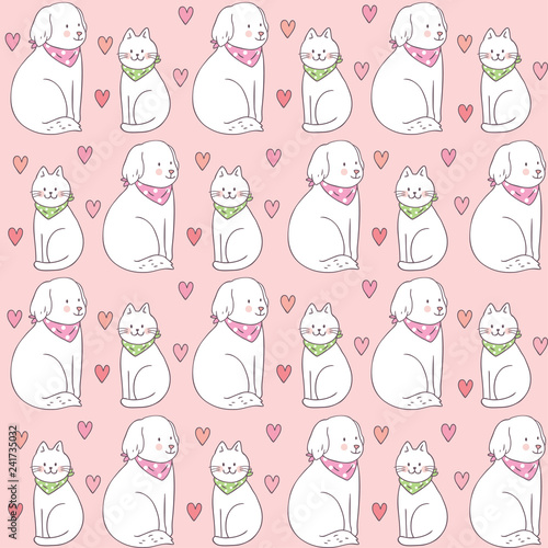 Cartoon cute Valentines day cat and dog seamless pattern vector.