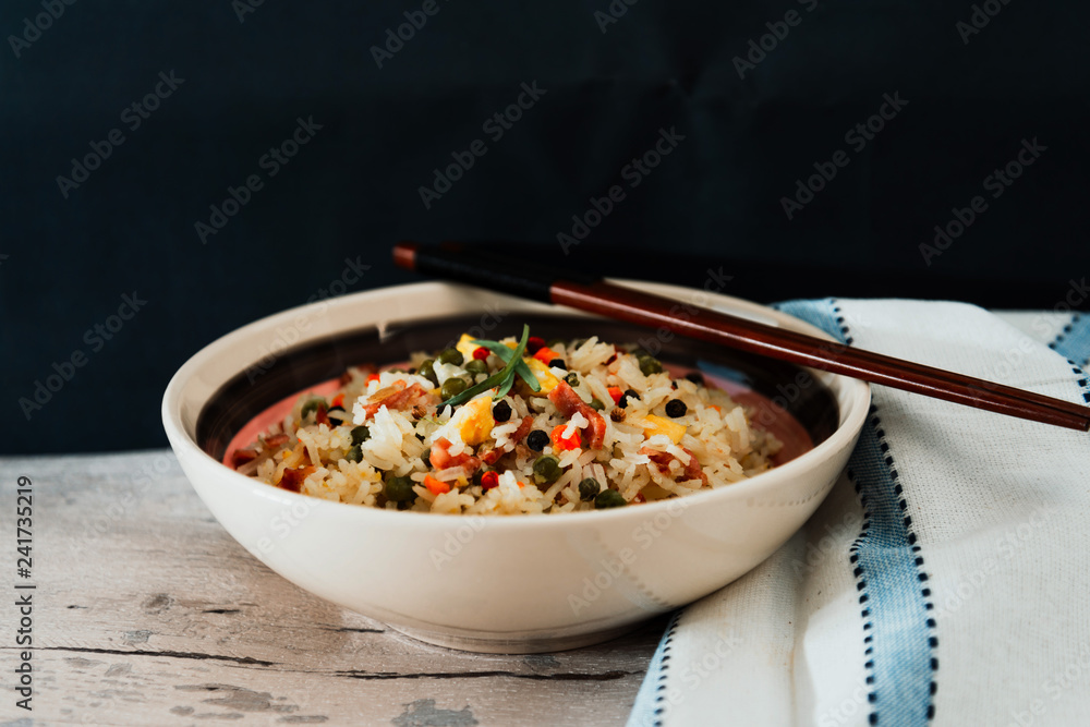 Cantonese fried basmati rice with ham and eggs Cantonese fried basmati rice with ham and eggs