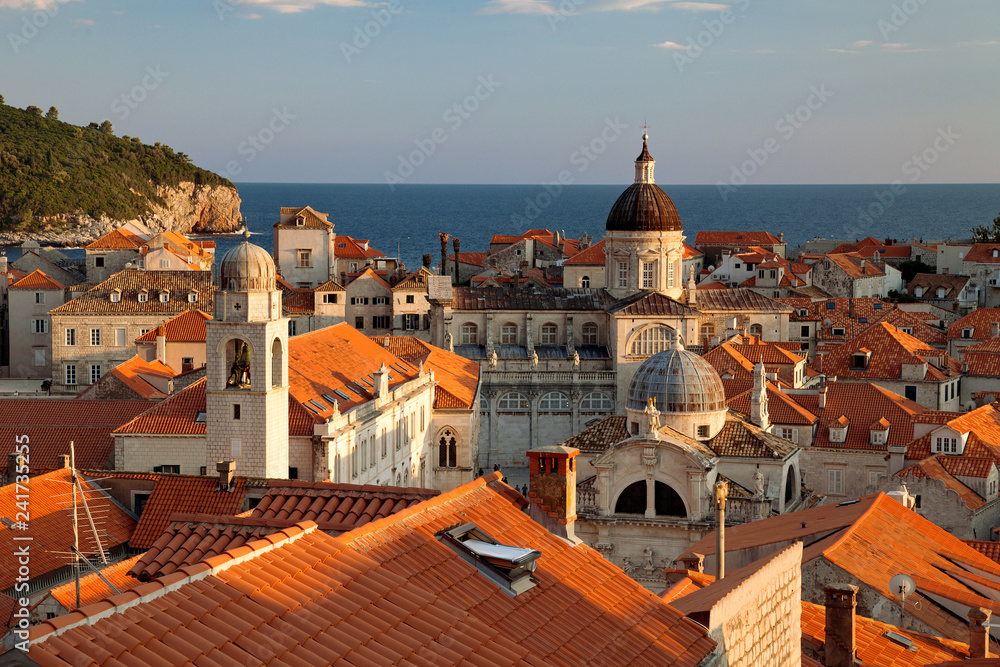 Dubrovnik, Dalmatia, Croatia - Old town of Dubrovnik at sunset, view from the fortress wall 