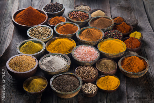 Assortment of spices in wooden bowl background