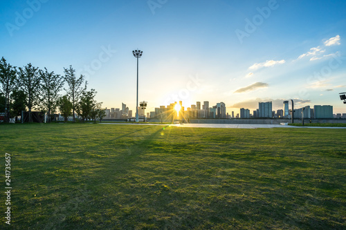 green lawn with city skyline