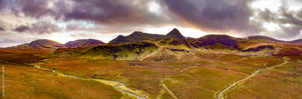 Aerial view of the River Lealt and Single track at Loch Cuithir and Sgurr a Mhadaidh Ruadh - Hill of the Red Fox, Isle of Skye, Scotland